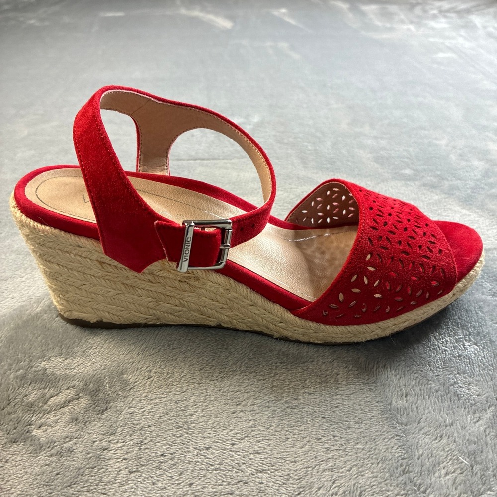Vionic Ariel Red Suede Laser Cut Espadrille Wedge Sandals Womens 8M VS387 - Picture 16 of 16
